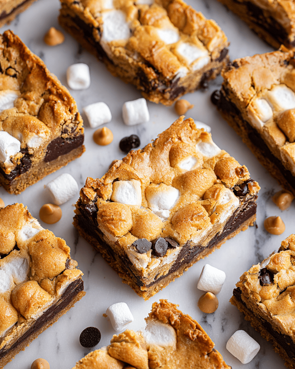 The image shows many rectangular bars placed on a white marbled surface. Each bar has three layers: a dark brown base layer that looks like a firm crust, a middle light brown layer filled with scattered dark chocolate pieces, and a top layer that is golden brown with puffy white marshmallows embedded in it. Around the bars, there are some loose white mini marshmallows, dark chocolate chips, and light brown butterscotch chips scattered. The bars have a cracked and textured top layer, giving them a baked and crispy look. photo taken with an iphone --ar 4:5 --v 7