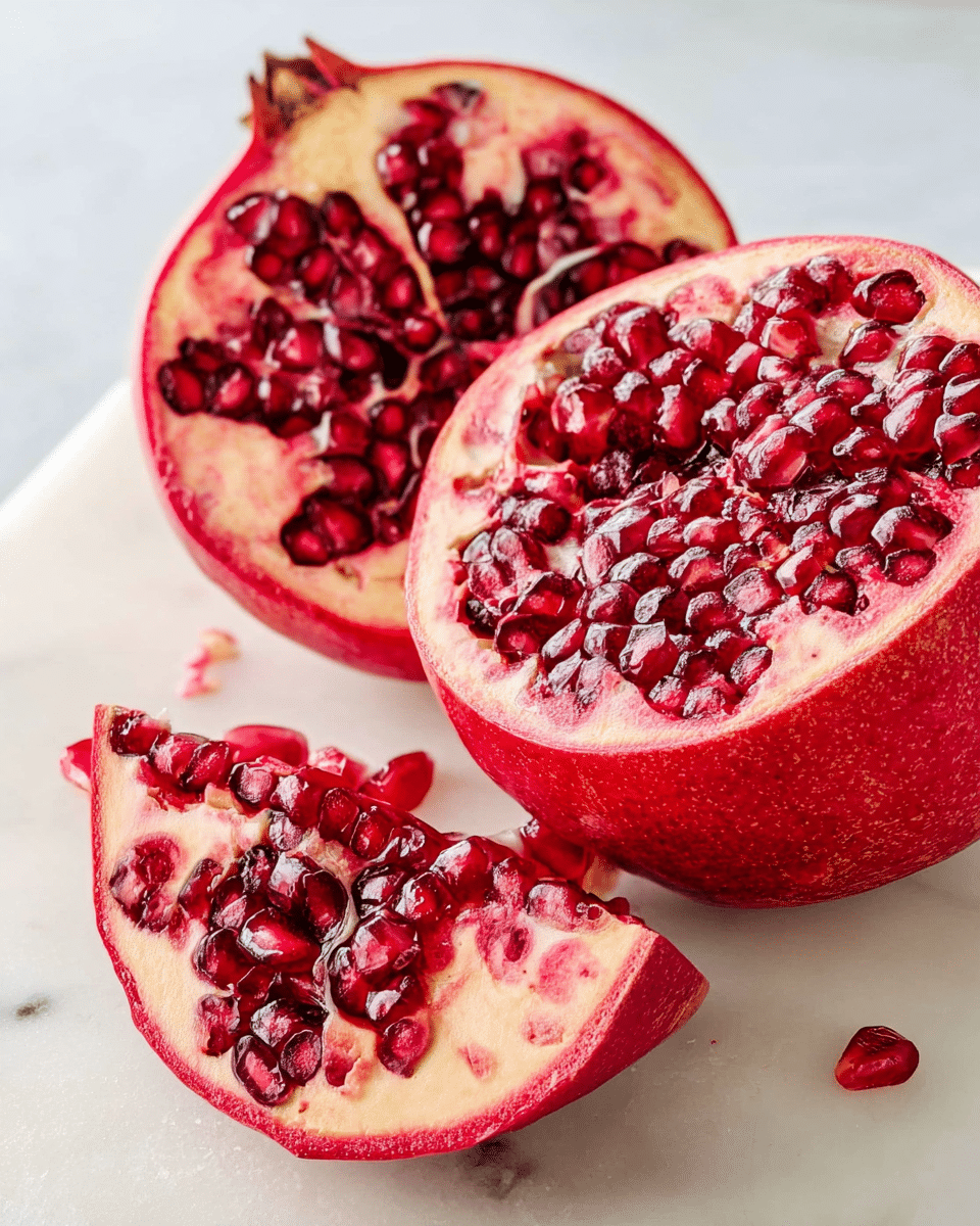 The image shows one large pomegranate cut in half at the back and two smaller wedges placed in the front, all resting on a white marbled surface. The pomegranate skin is bright red with a rough texture, while the inside displays multiple clusters of shiny, deep red seeds packed tightly within pale, creamy white membranes. Some seeds have spilled slightly around the fruit pieces, adding a natural, fresh look to the scene. The lighting highlights the juicy, glossy appearance of the seeds and the rough outer skin. Photo taken with an iphone --ar 4:5 --v 7