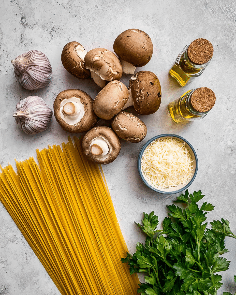 The image shows raw yellow spaghetti pasta spread out diagonally in the bottom left corner on a light gray, textured surface. Above the pasta, there is a pile of brown mushrooms with white stems, some facing up showing their pale undersides. To the left of the mushrooms, there are four garlic bulbs with purple stripes and a bunch of fresh green parsley. On the right side of the mushrooms, three small glass bottles with cork stoppers hold different spices or oils, and below them, a small white bowl filled with grated cheese. The background is changed to a white marbled texture. photo taken with an iphone --ar 4:5 --v 7
