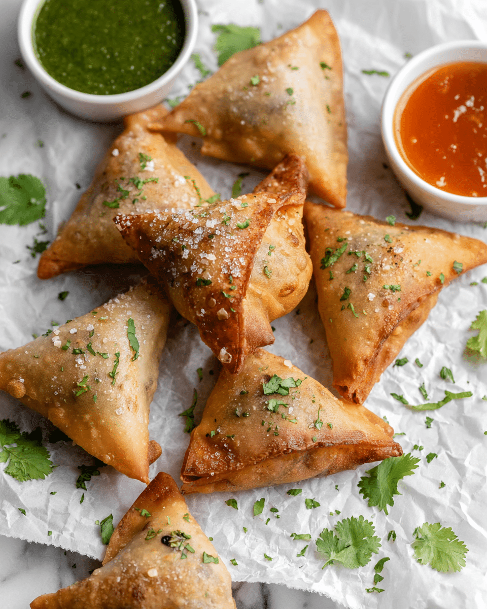 The image shows seven golden-brown triangular samosas placed on white parchment paper over a white marbled surface. Each samosa is sprinkled with small green herb leaves and coarse salt, giving a slightly rough texture on top. Around the samosas, there are scattered fresh green cilantro leaves. On the left side, there is a small round white bowl filled with thick green chutney, and on the right side, another small round white bowl contains a vibrant orange-red sweet and sour sauce. The samosas appear crisp and lightly fried, with a smooth and slightly flaky exterior. photo taken with an iphone --ar 4:5 --v 7