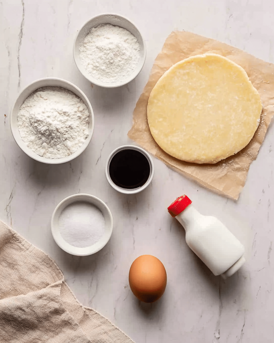 The image shows several baking ingredients neatly placed on a white marbled surface. On the right side, there is a round, golden-brown flatbread resting on a piece of brown paper. Next to it is a small, white bottle with a red cap. Below that, there is a single brown egg sitting directly on the surface. In a vertical row on the left, there are four white bowls containing different ingredients: the top bowl is filled with white flour, the second bowl has white granulated sugar, the third bowl holds white liquid, and the fourth bowl contains a small amount of white powder, likely salt. A beige cloth is partly visible at the bottom left corner. photo taken with an iphone --ar 4:5 --v 7