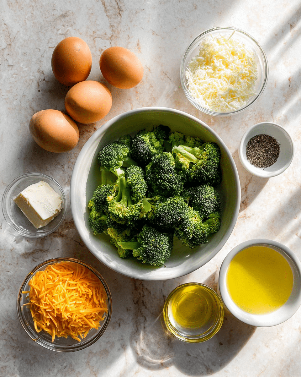 The image shows several cooking ingredients placed on a white marbled surface with soft natural light and shadows. In the center, there is a white bowl filled with fresh green broccoli florets. Surrounding the bowl, there are four brown eggs on the left side, a small glass bowl with shredded orange cheddar cheese at the bottom left, a small white bowl with black pepper and salt at the top right, a clear glass bowl with grated white cheese above the broccoli bowl, a small white bowl containing yellow melted butter at the bottom right, and a small bowl with olive oil below the broccoli bowl. Photo taken with an iphone --ar 4:5 --v 7