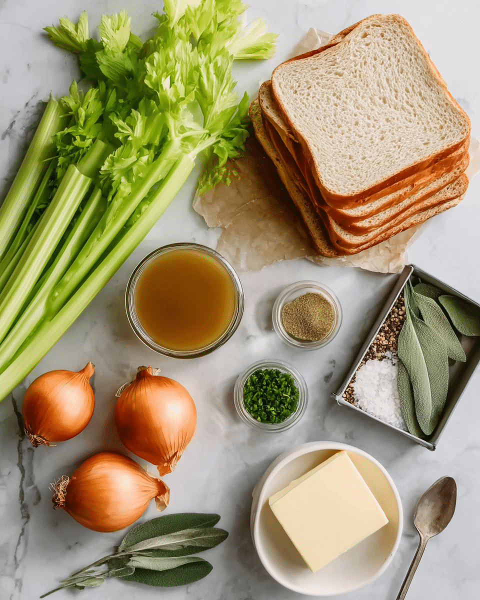 The image shows several ingredients placed on a white marbled surface. There are two onions with orange skin in the lower left area, a bunch of fresh celery with green stalks standing upright, and two stacks of sliced bread, one with white bread and one with whole wheat. Near the bottom right, there is a white bowl holding a block of butter with a smooth texture. Small containers hold finely chopped green herbs and a greenish-brown powder with a small spoon. A glass jar with light brown liquid and some sage leaves are also visible. The overall scene looks fresh and organized for cooking preparation, photo taken with an iphone --ar 4:5 --v 7