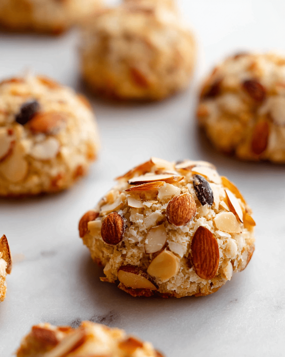 The image shows several small round cookies covered with toasted almond slices. Each cookie has a rough texture visible through the layers of almond flakes, which are light brown with some darker toasted edges. The cookies are arranged in rows on a white marbled surface. The focus is on the front cookie with the background cookies softly blurred, highlighting the detail of almond slices on the surface. Photo taken with an iphone --ar 4:5 --v 7