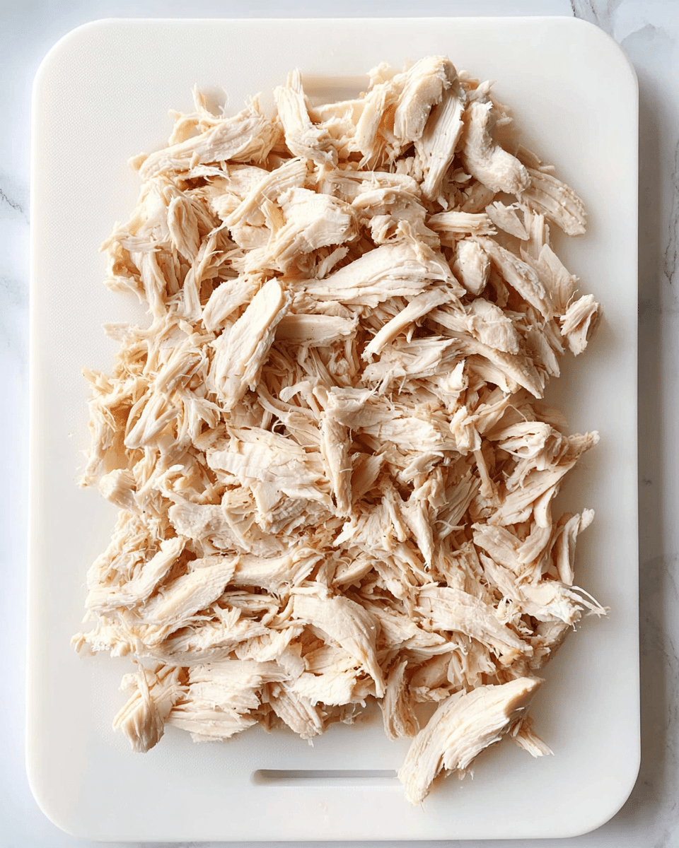 The image shows shredded cooked chicken spread evenly over a white rectangular cutting board. The chicken pieces are in various sizes, mostly off-white with some light brown areas from seasoning or cooking. The texture looks tender and slightly fibrous. The cutting board is on a white marbled surface. Photo taken with an iphone --ar 4:5 --v 7
