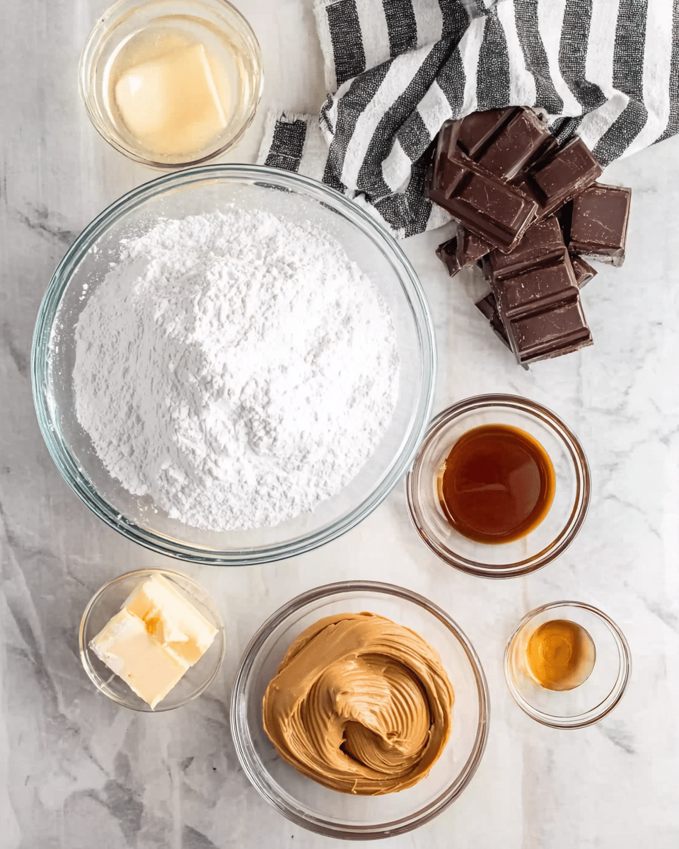 The image shows six clear glass bowls arranged on a white marbled surface. The large central bowl holds a mound of white powdered sugar with a fluffy, soft texture. Below it, a medium bowl is filled with smooth, creamy light brown peanut butter. To the upper right, a bowl contains several dark brown chocolate squares with a shiny and firm texture. Next to the chocolate, a small bowl holds a light brown liquid, likely vanilla extract, with a smooth surface. Below the vanilla, another small bowl contains a solid, pale yellow butter square with a soft texture. At the top left, a mostly empty glass holds what appears to be light yellow melted butter, with a slightly oily surface, sitting next to a black and white striped cloth. photo taken with an iphone --ar 4:5 --v 7