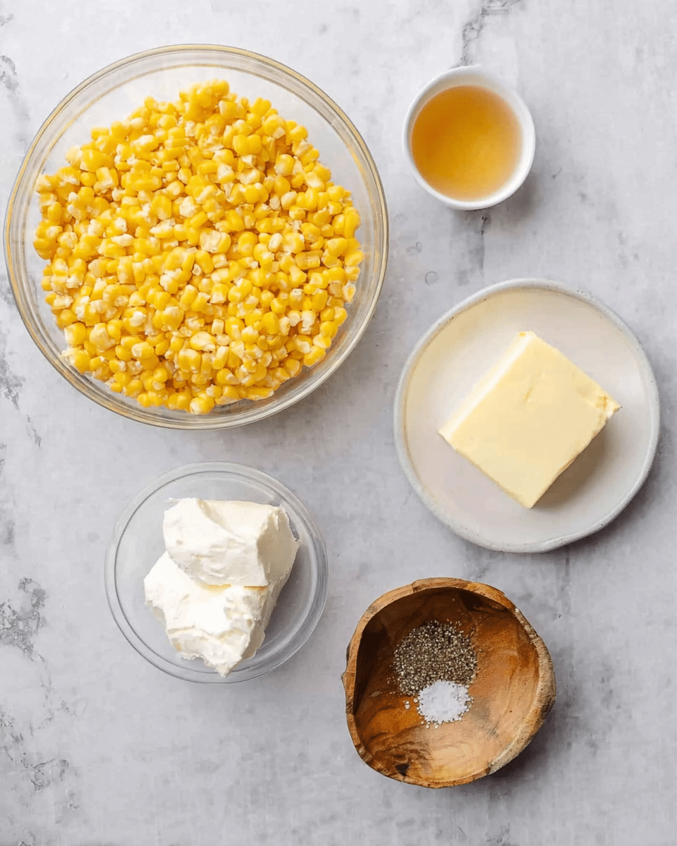 The image shows six small bowls arranged on a white marbled surface. At the bottom left is a large clear glass bowl filled with bright yellow corn kernels mixed with something white, possibly cheese. Above this to the right is a small white bowl with a cube of butter inside. To the left of this is a small white bowl with a light amber liquid. Near the top left is a small clear glass bowl containing a white block of cream cheese. To the right of this is a small rustic wooden bowl holding a mix of salt and black pepper. The entire arrangement is neat and well-lit, photo taken with an iphone --ar 4:5 --v 7