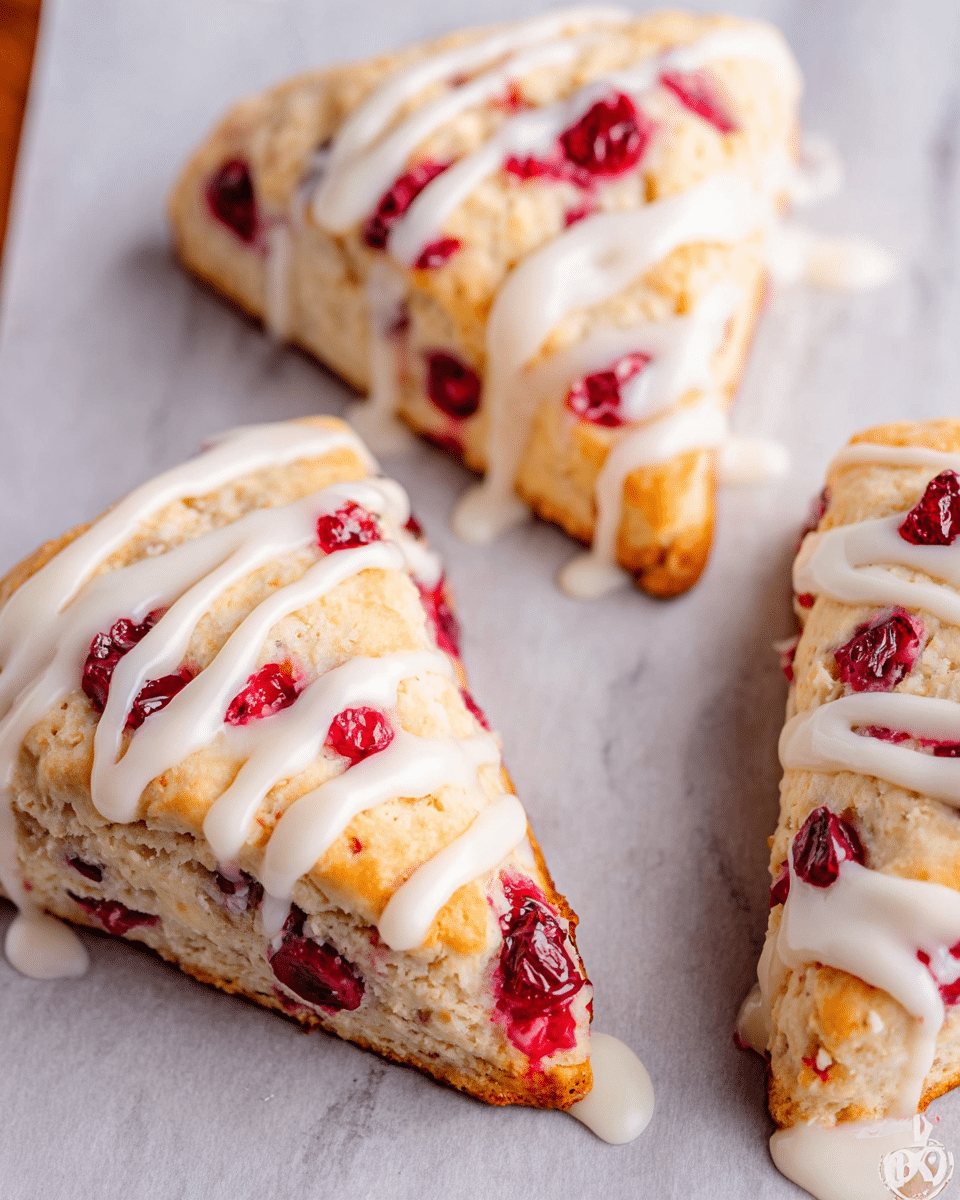 The image shows three small triangular scones on white parchment paper with a white marbled surface underneath. Each scone has a light golden brown outer layer with bits of bright red cranberries embedded inside, adding vibrant red spots on the surface. The scones are topped with thick white icing drizzled in loose, wavy lines that run from the top down the sides and some dripping onto the parchment paper. The texture of the scone looks soft and slightly crumbly around the edges, while the cranberry pieces add texture and color contrast. Photo taken with an iphone --ar 4:5 --v 7