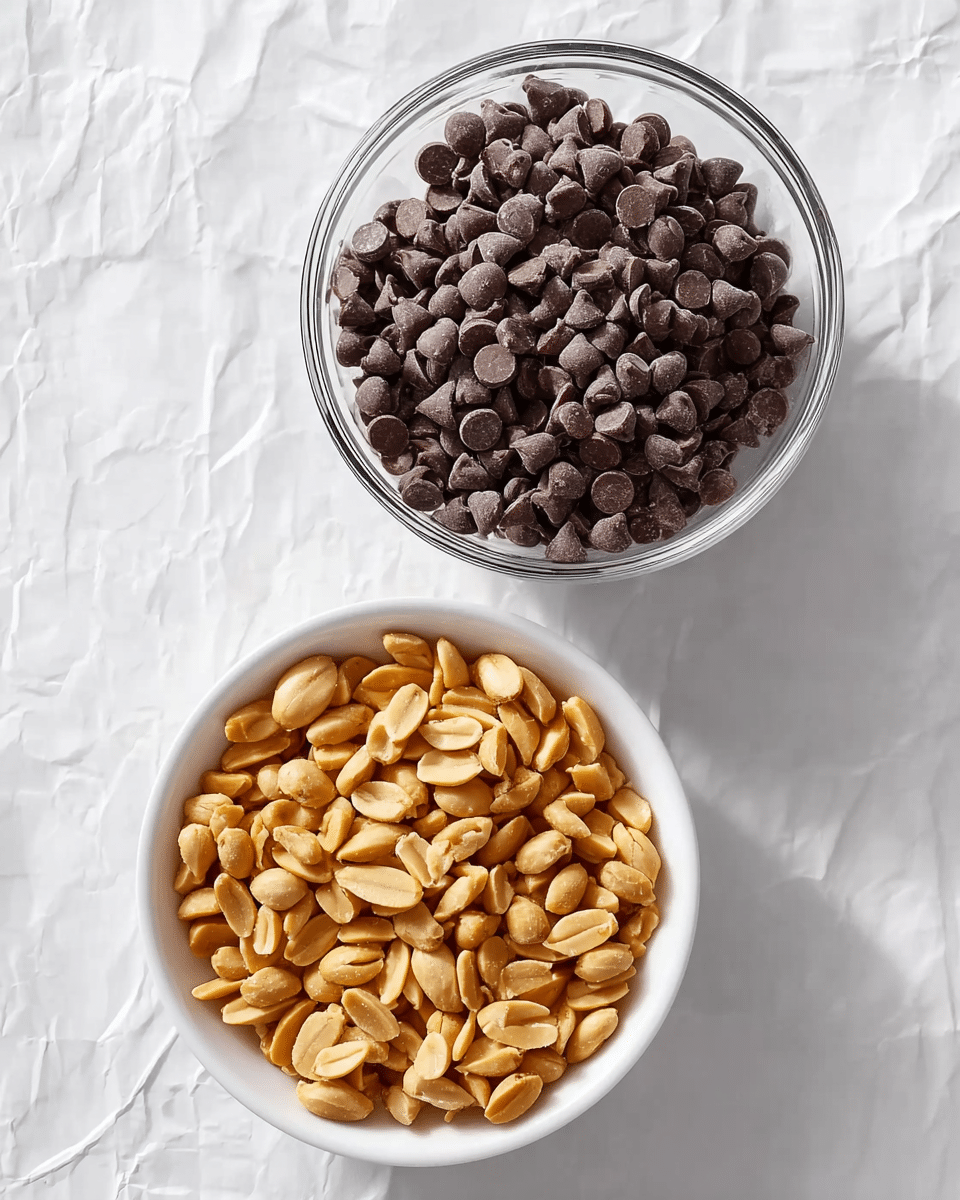 The image shows two white bowls on a white marbled surface. The top bowl is a clear glass bowl filled with many small, dark brown chocolate chips, filling the bowl completely and creating a smooth, rounded surface on top. Below it, the second bowl is a white bowl filled with light brown peanut halves, which have a slightly rough texture and fill the bowl almost to the top, with some peanuts resting at different angles. The background is white marbled with soft shadows under the bowls giving a clean, bright look. Photo taken with an iphone --ar 4:5 --v 7