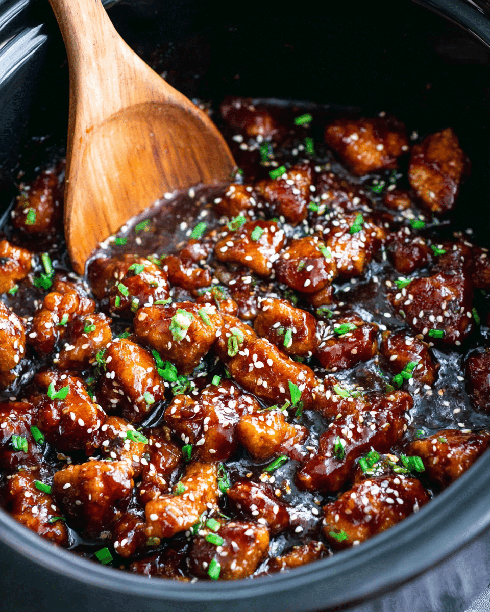 This image shows a close-up of dark brown sauce-coated chicken pieces in a black pot with a wooden spoon inside the pot. The chicken pieces are small, chunky, and look shiny with a sticky texture. The dish is topped with small white sesame seeds and chopped green onions scattered unevenly on top. The sauce wraps the chicken well, giving it a rich, glossy look. Photo taken with an iphone --ar 4:5 --v 7