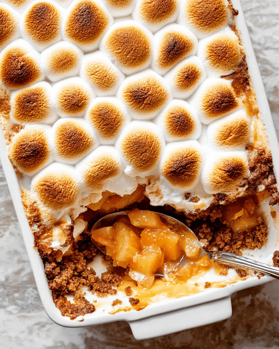 This image shows a white rectangular baking dish filled with a layered dessert. The top layer is made of evenly toasted golden-brown marshmallows, soft and slightly puffed. Below the marshmallows is a thick layer of sweet, golden caramelized fruit chunks, likely pineapple, mixed with a crumbly brown sugar and spice mixture creating a textured and slightly crunchy base. A spoon is partially scooping the dessert, revealing the layers and soft, melted texture underneath. The background and surface are a white marbled texture. Photo taken with an iphone --ar 4:5 --v 7
