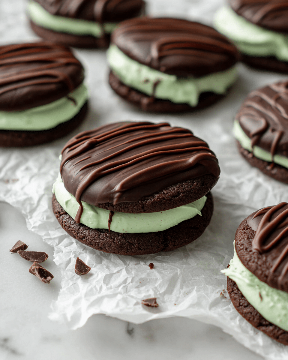 This image shows several chocolate cookies each with three layers. The bottom layer is a round, dark brown, soft-looking cookie. The middle layer is a thick, smooth, light green cream spread evenly over the cookie. The top layer is a slightly shiny, dark chocolate coating with thin chocolate lines drizzled over it. The cookies are placed on crumpled white parchment paper over a white marbled surface. Some small chocolate drops and bits are scattered around the cookies. The photo taken with an iphone --ar 4:5 --v 7