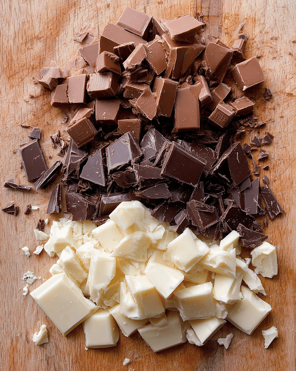 This image shows three types of chopped chocolate pieces arranged in a roughly triangular shape on a wooden surface. The top section has medium brown milk chocolate chunks with a smooth and slightly shiny texture. Below that is a smaller section of dark brown, almost black, chocolate pieces with a matte finish and sharp edges. At the bottom is a cluster of off-white white chocolate chunks that look creamy and smooth with some uneven, rough edges. Small chocolate crumbs and shavings are scattered around all three piles on the wooden surface. photo taken with an iphone --ar 4:5 --v 7