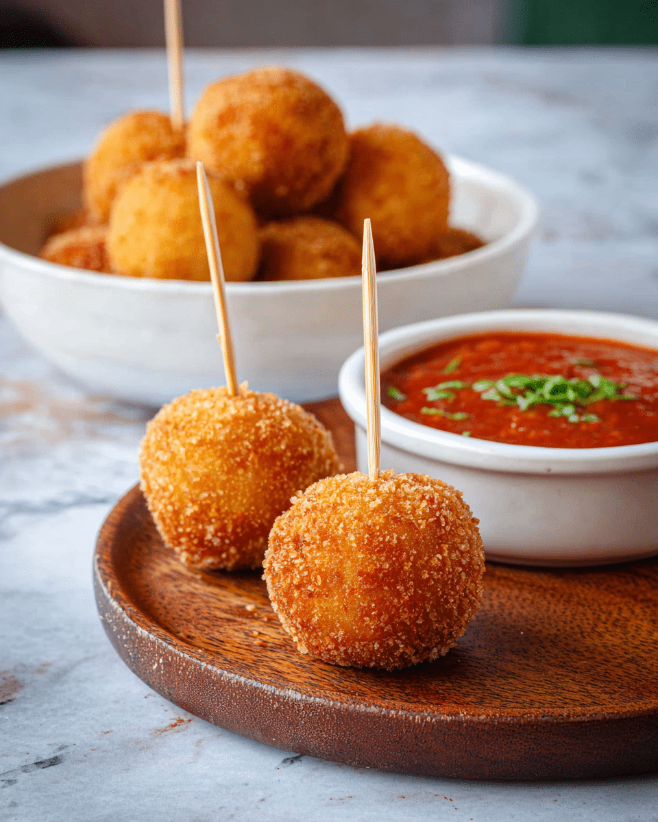 Three golden brown crispy balls with a rough, crunchy texture on a round wooden plate are shown in the front, each with a toothpick stuck in the top. Behind them, there is a large white bowl filled with more of the same balls. To the right, a small white bowl contains a thick, rich red sauce with a small green herb garnish on top. The surface beneath everything is a white marbled texture. Photo taken with an iphone --ar 4:5 --v 7