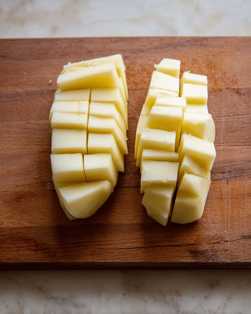 Two peeled potatoes are shown sliced into small cubes on a wooden cutting board, each potato divided into several thick, even layers with clean, straight cuts. The potatoes' pale yellowish-white color contrasts with the warm brown tones of the board beneath. The potatoes are positioned side by side in the center, and the background is a white marbled texture. photo taken with an iphone --ar 4:5 --v 7