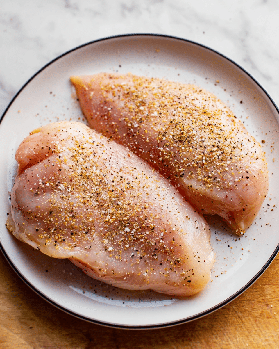 Two raw chicken pieces lay side by side on a white plate with a thin black rim, resting on a white marbled surface. The chicken is pale pink with smooth texture, sprinkled evenly with coarse salt, black pepper, and a yellowish spice mix. The seasoning creates a grainy layer on the top and sides of the chicken, making the colors contrast slightly with the pale meat beneath. Photo taken with an iphone --ar 4:5 --v 7