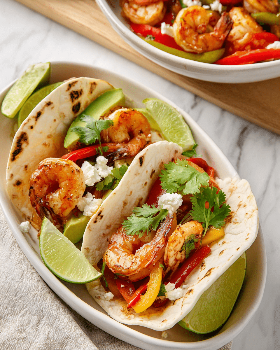 Two shrimp tacos are placed side by side in a white oval dish on a white marbled surface. Each taco has one soft, lightly grilled tortilla as the base with visible char marks. Inside, there are three cooked shrimp with a pinkish-orange color in each taco, plus slices of red and yellow bell pepper, and fresh green avocado slices. The tacos are garnished with small white cheese crumbles and fresh cilantro leaves. Lime wedges are placed in front of the tacos, adding a bright green contrast. In the background, on the same white marbled surface, a white bowl holds extra cooked shrimp and sliced bell peppers. photo taken with an iphone --ar 4:5 --v 7