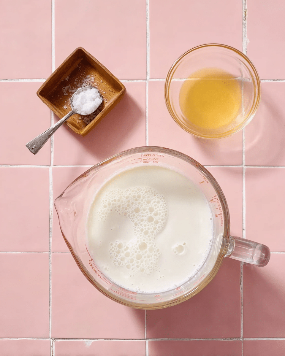 A clear glass measuring cup filled with white milk has small bubbles on the surface and is placed on a pink tiled surface. Above it is a small clear bowl holding light brown peanut butter with a creamy texture. To the left is a small square wooden container filled with white granulated sugar and has a small silver spoon resting inside. The soft pink tiles create a clean, simple backdrop for the three containers. photo taken with an iphone --ar 4:5 --v 7