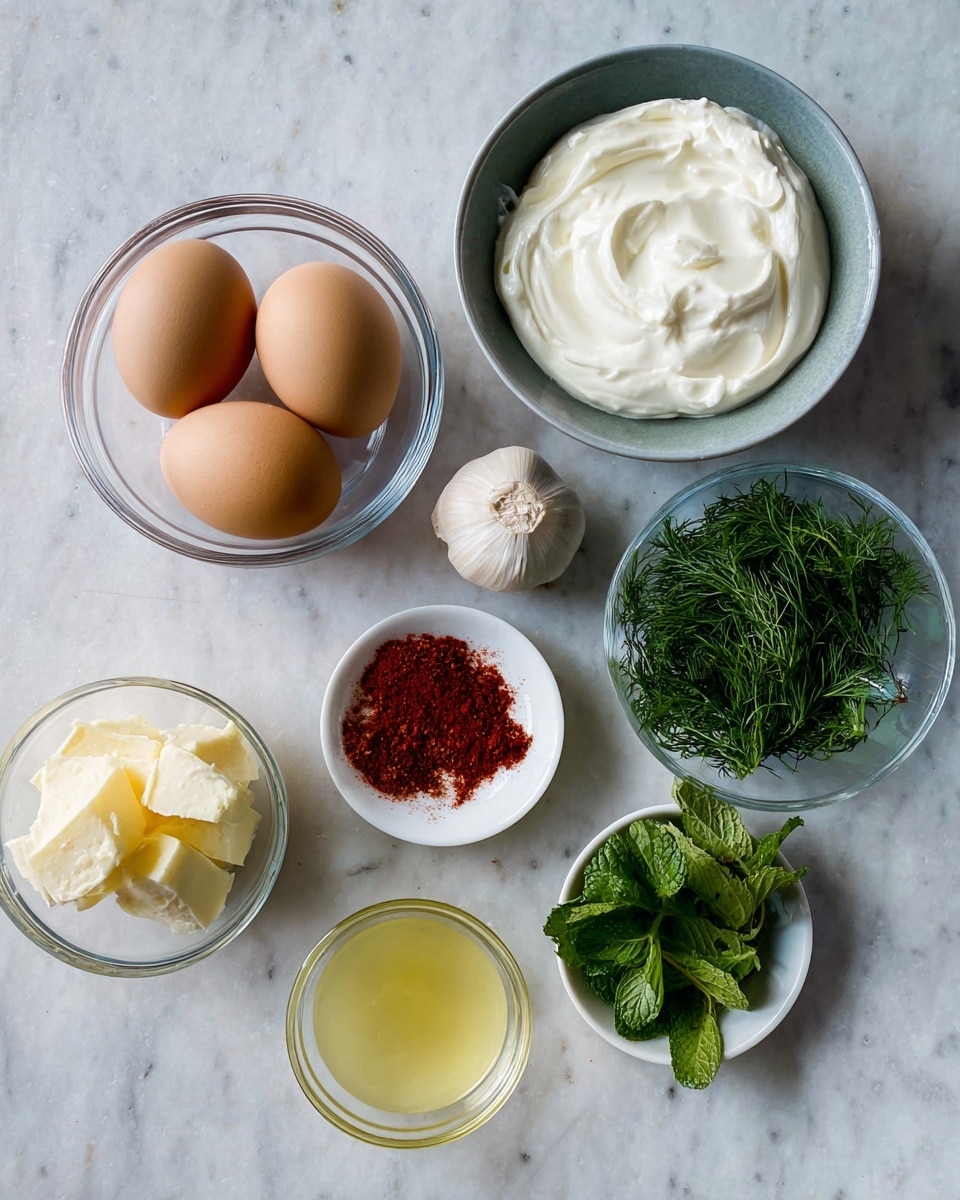 The image shows a flat lay of seven cooking ingredients placed on a white marbled surface. On the top left is a clear glass bowl with two brown eggs. To the right is a gray bowl filled with thick, white yogurt. In the middle, slightly lower, is a single garlic clove with its skin on. Below the garlic, there is a small white bowl with two kinds of red spice powders, one is a bright red and the other is a reddish-brown with flakes. To the right of the spices is a clear glass bowl with fresh green herbs, including mint leaves and dill. Below the eggs, there is a small white bowl with light yellow liquid, likely oil or vinegar. Finally, at the bottom left, a clear glass bowl holds chunks of pale yellow butter. The photo taken with an iphone --ar 4:5 --v 7
