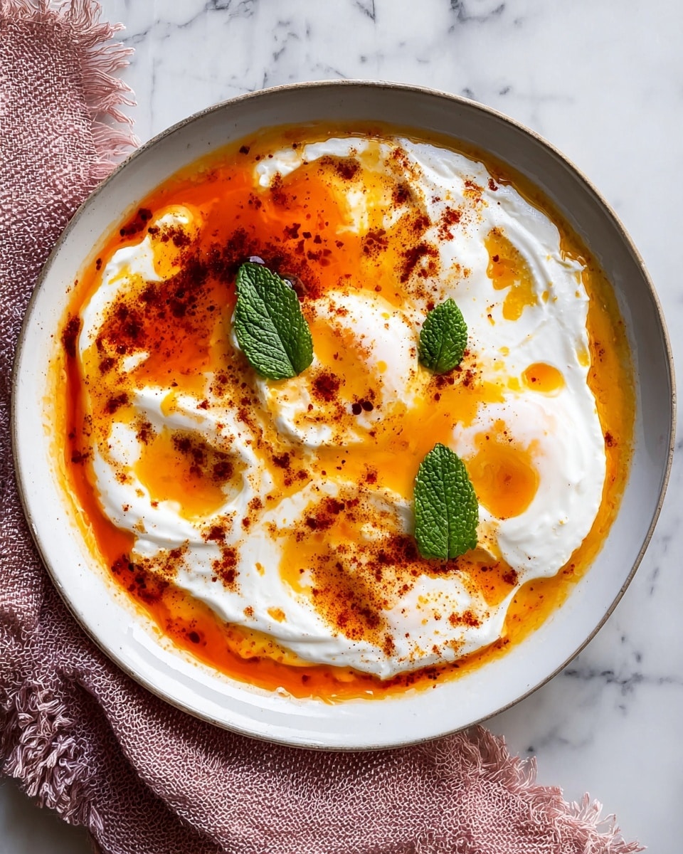 A white bowl holds a dish with three main layers, starting with a base of creamy white yogurt that has a smooth texture. On top of this yogurt, there are three soft poached eggs with white, cloud-like whites and bright yellow yolks peeking through. The eggs are drizzled generously with a bright orange-red spicy oil sauce, which is scattered unevenly across the surface, creating a fiery contrast. Two small fresh green mint leaves rest near the eggs, adding a fresh touch. The bowl is placed on a white marbled surface with a pink textured cloth beside it. Photo taken with an iphone --ar 4:5 --v 7