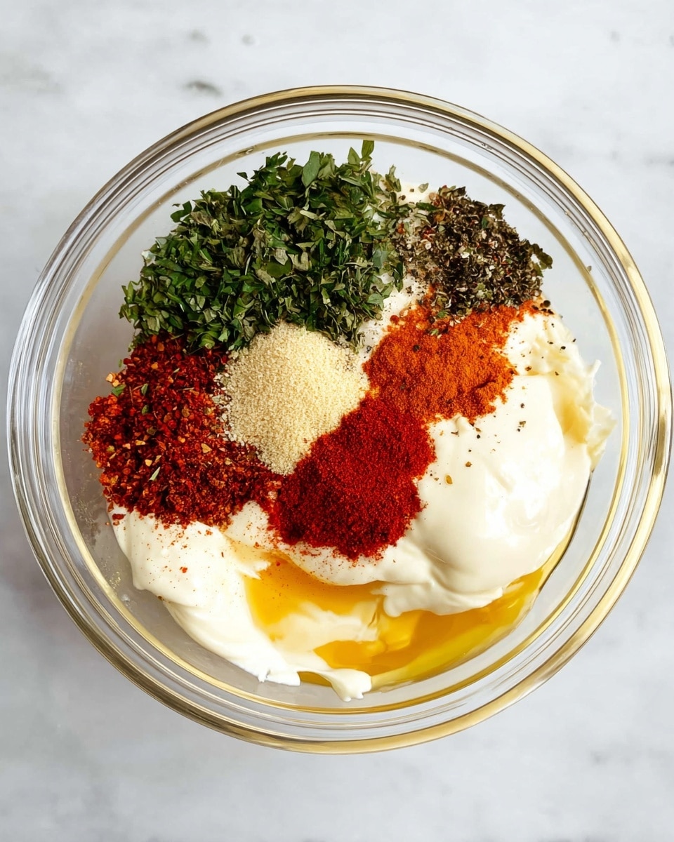 A clear glass bowl sits on a white marbled surface, filled with multiple layers of ingredients. At the bottom, there is a creamy white base mixed with smooth mayonnaise and shiny golden oil pooling on one side. Above these, there are bright red paprika powder and dark red chili flakes next to each other. Light beige garlic powder and black pepper are placed near the top center. On the left side, there are fresh green chopped herbs with different shades, some dark green and some lighter, giving a fresh texture. The spices and herbs are neatly arranged without mixing, showing clear color contrasts and textures. Photo taken with an iphone --ar 4:5 --v 7
