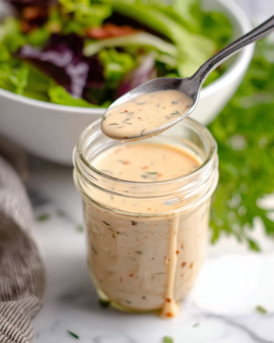 A close-up of a transparent glass jar filled with creamy dressing that is light beige with small green and red specks throughout, suggesting herbs and spices. A silver spoon above the jar holds some of the dressing, showing its smooth texture with visible tiny bits. Behind the jar to the left, there is a white bowl with green and purple leafy salad. The scene is set on a white marbled surface with a green herb in the blurred background. The jar has small drips of dressing on its outer rim. photo taken with an iphone --ar 4:5 --v 7