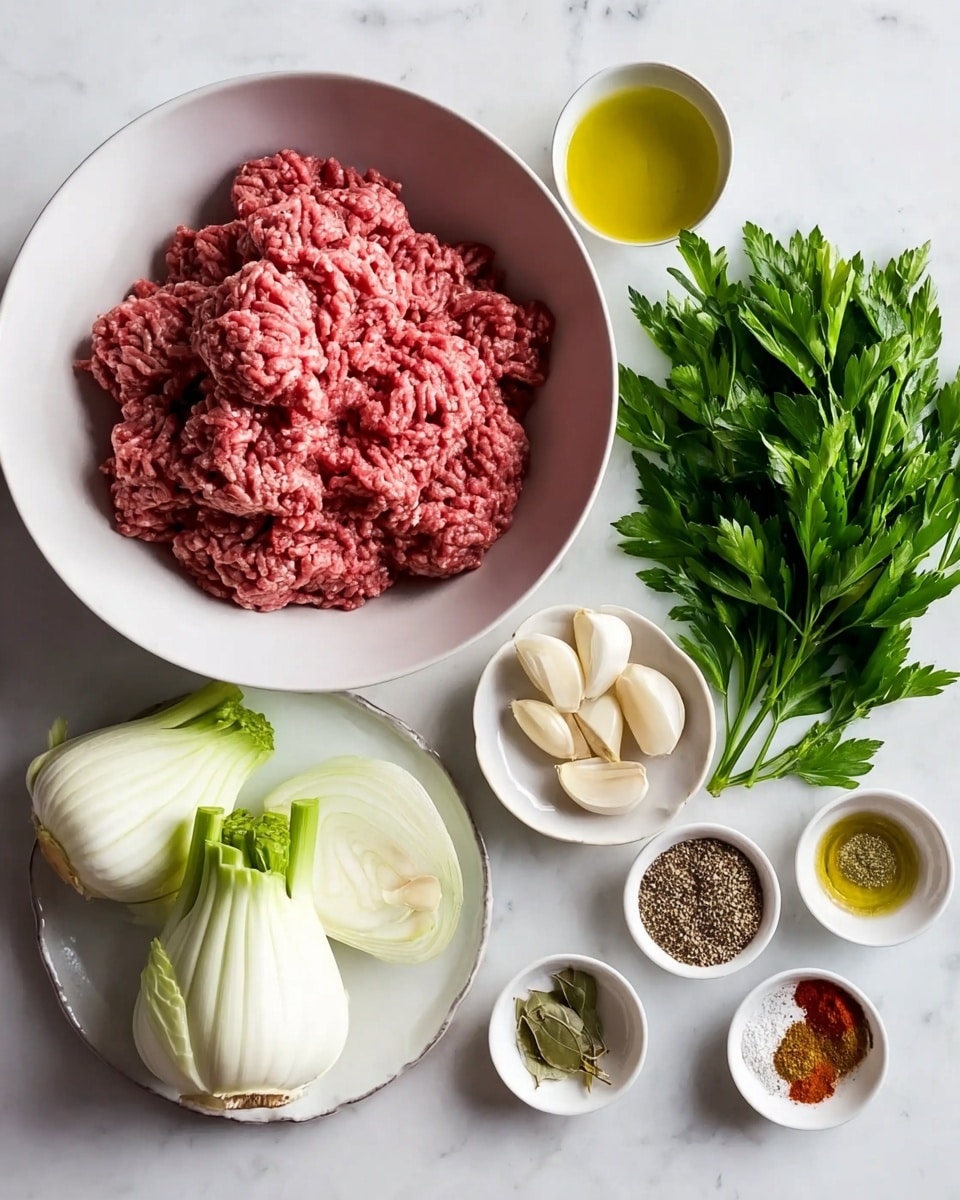 A white bowl filled with raw ground meat sits on a white marbled surface next to a white plate holding fresh green parsley and three pale fennel bulbs. Around these, there are smaller white bowls containing four peeled garlic cloves, a mixture of colorful spices in small piles, and a golden-yellow liquid, likely oil. The arrangement is neatly spaced and the colors show freshness and variety, with red meat, bright green herbs, and creamy white vegetables and garlic, all set against a clean white marbled background. photo taken with an iphone --ar 4:5 --v 7