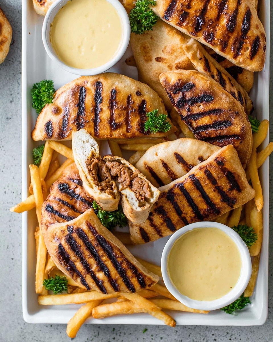 A white rectangular tray holds about seven grilled pita pockets, each with dark grill marks and a golden brown outer layer with a slightly crisp texture. One pita pocket is cut open to show a brown filling inside with a crumbly texture. Around the pita pockets, light golden thin French fries are scattered. Green parsley leaves are placed on top and around the pita pockets for color. At the top left corner of the tray, a small white bowl contains a smooth, light yellow creamy sauce. The tray rests on a white marbled surface. Photo taken with an iphone --ar 4:5 --v 7
