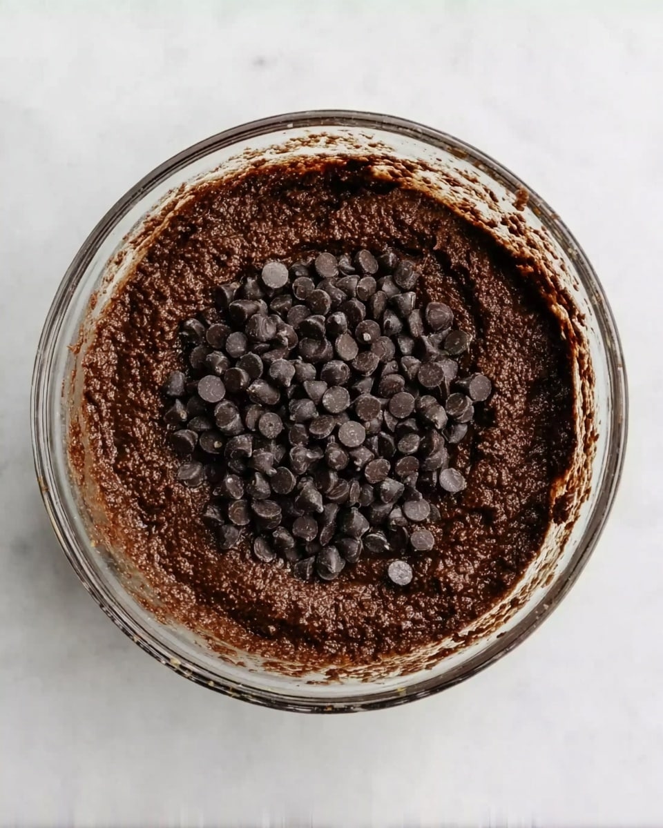 A clear glass bowl filled with thick, dark brown batter with a rough texture. On top of the batter, in the center, there is a large pile of small, shiny dark chocolate chips. The bowl sits on a white marbled surface, and there is some batter residue on the inside edges of the bowl. photo taken with an iphone --ar 4:5 --v 7