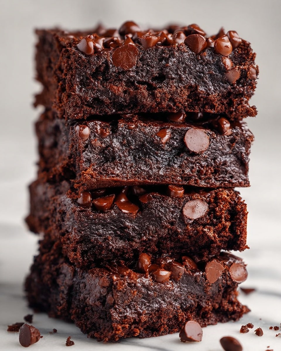 A stack of four thick, rich chocolate brownies sits on a white marbled surface. Each brownie is dark brown and dense, filled and topped with many shiny, melted chocolate chips that add a textured, slightly bumpy look. The top brownie shows a moist, crumbly interior with a rough, slightly cracked surface, while the other three brownies show smooth, glossy tops packed with chocolate chips. The whole stack looks indulgent and soft, with tiny crumbs scattered at the base. Photo taken with an iphone --ar 4:5 --v 7