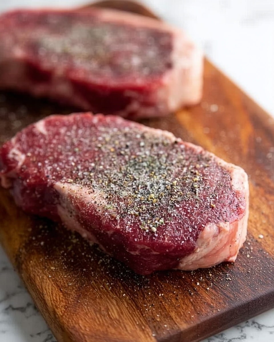 The image shows two raw steaks placed on a dark wooden board with a visible grain pattern. The steak in the front is seasoned with coarse black pepper and salt, giving it a speckled dark and white look on the surface. The meat is a rich deep red color with a lighter pinkish-white fat border around the edges. The second steak appears in the background, slightly out of focus but similarly seasoned. The overall setting includes a white marbled surface beneath the wooden board, adding a bright contrast to the darker tones of the meat and board. Photo taken with an iphone --ar 4:5 --v 7