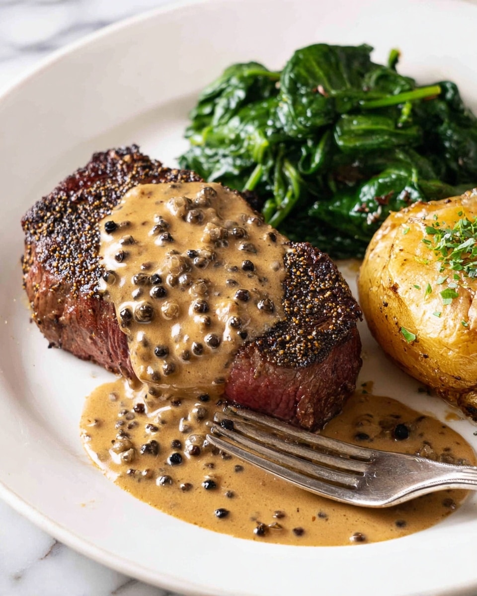 A juicy dark brown steak with a coarse, seared texture sits in the center of a white plate, topped with a thick layer of light brown peppercorn sauce speckled with black pepper pieces. To the right of the steak is a small pile of glossy, dark green sautéed spinach leaves, while below the spinach is a golden-brown smashed roasted potato, sprinkled with small green herbs. A silver fork rests near the bottom edge of the plate. The plate is placed on a white marbled surface. Photo taken with an iphone --ar 4:5 --v 7