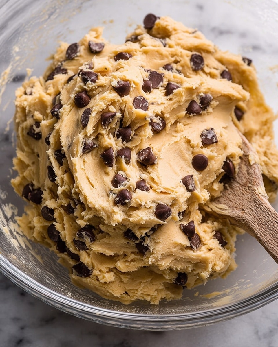 A close-up view of creamy, light golden cookie dough mixed with many dark brown chocolate chips, all inside a clear glass bowl. The dough looks soft and thick with visible peaks and folds, while the chocolate chips are scattered well throughout, some slightly embedded and others resting on the surface. The bowl is set on a white marbled surface, and a wooden spoon peeks in from the right edge, partially covered by dough. The image gives a fresh, homemade feel with natural lighting highlighting the dough's texture. photo taken with an iphone --ar 4:5 --v 7