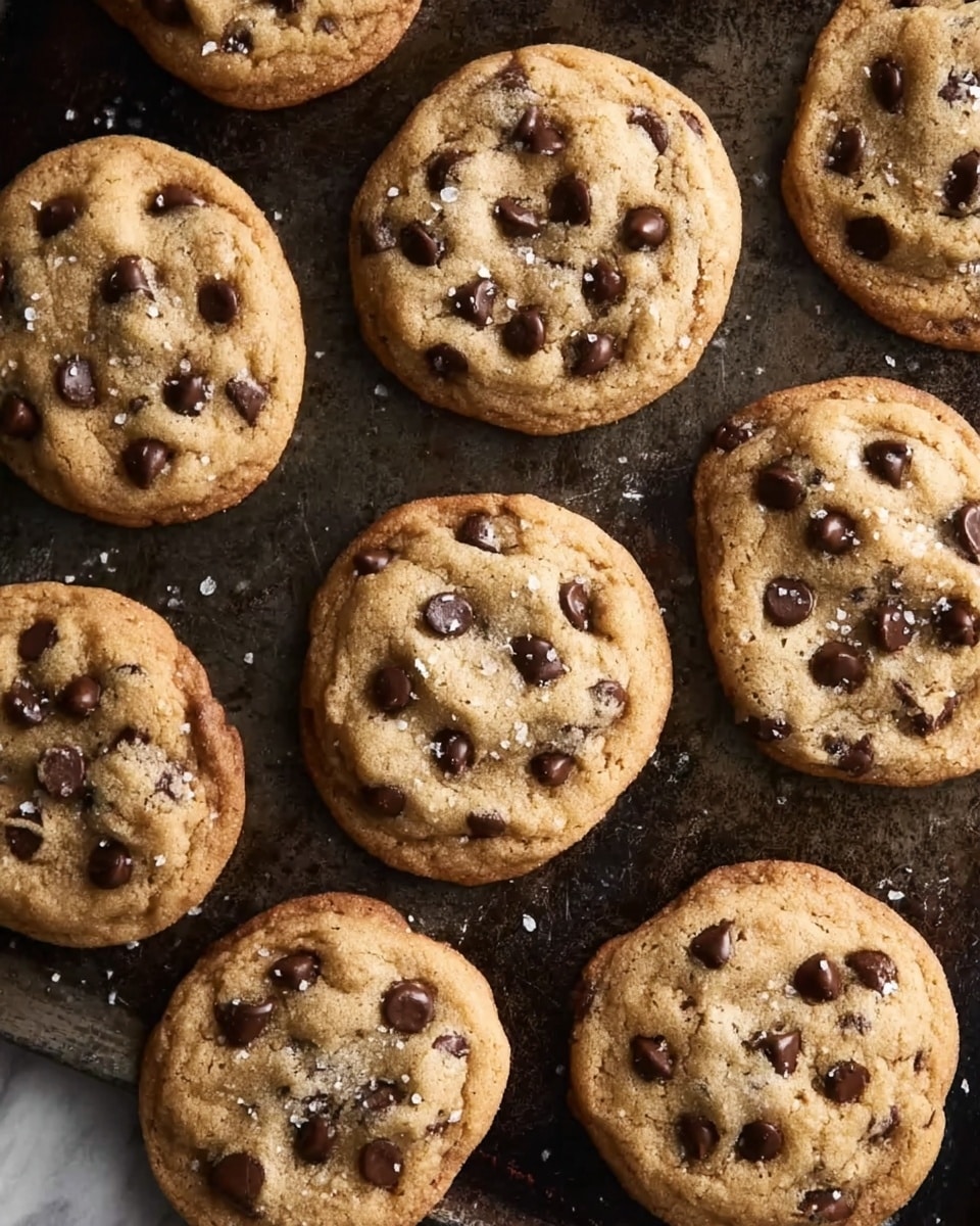 A close-up view of eight chocolate chip cookies arranged irregularly on a dark, slightly worn baking tray. Each cookie has a light golden-brown color with a soft, slightly cracked texture, dotted generously with small, dark shiny chocolate chips that sit slightly raised above the surface. A few scattered grains of coarse white sea salt sparkle on top of the cookies, adding a subtle contrast. The cookies' edges are crisp and slightly darker, while the centers look chewy and soft. The whole image is set against a white marbled texture background. photo taken with an iphone --ar 4:5 --v 7