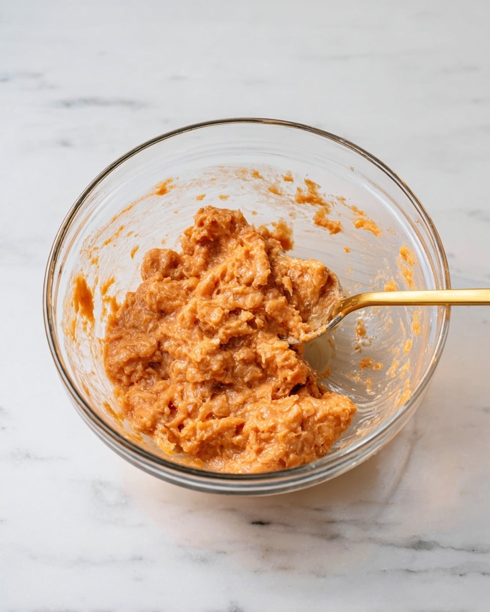 A clear glass bowl sits on a white marbled surface, filled with a thick, chunky mixture with a light orange color that has small, uneven pieces throughout. A gold spoon rests on the right side inside the bowl, partially covered with the same mixture. The bowl is clean on the outside with visible smears of the orange mixture on the inner sides. Photo taken with an iphone --ar 4:5 --v 7