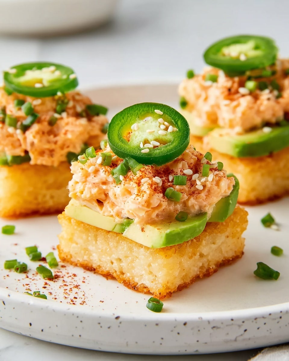 The image shows three small square pieces of crispy golden rice cakes as the base layer on a white speckled plate with a white marbled background. On top of each rice cake, there are thin green avocado slices arranged in a neat layer. The next layer is a creamy, light orange spread with small bits mixed in, giving a chunky texture. Each piece is finished with a thin round slice of bright green jalapeño pepper on top, sprinkled with sesame seeds and finely chopped green chives. The focus is close-up, highlighting the contrast of textures and fresh colors. Photo taken with an iphone --ar 4:5 --v 7