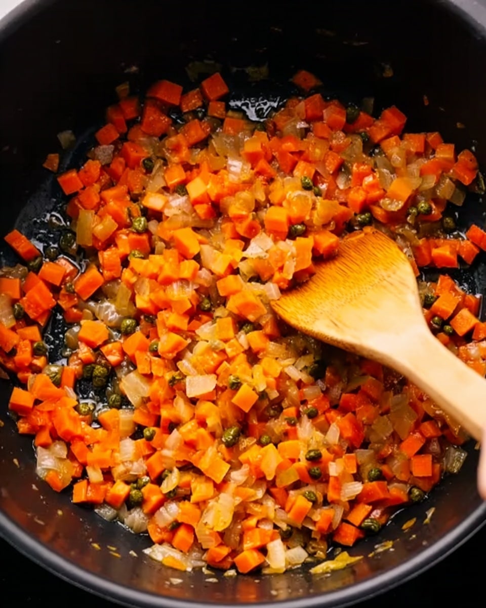 A close-up view inside a black pot shows a colorful mixture of small diced orange carrots, yellow onions, and green capers being stirred with a wooden spatula held by a woman's hand from the right side. The ingredients are spread on the dark surface inside the pot, with shiny oil giving a slight gloss to the vegetables. The texture of the carrots and onions looks soft yet distinct, and the wooden spatula has a smooth light brown color. The setting has a simple, clean look. Photo taken with an iphone --ar 4:5 --v 7