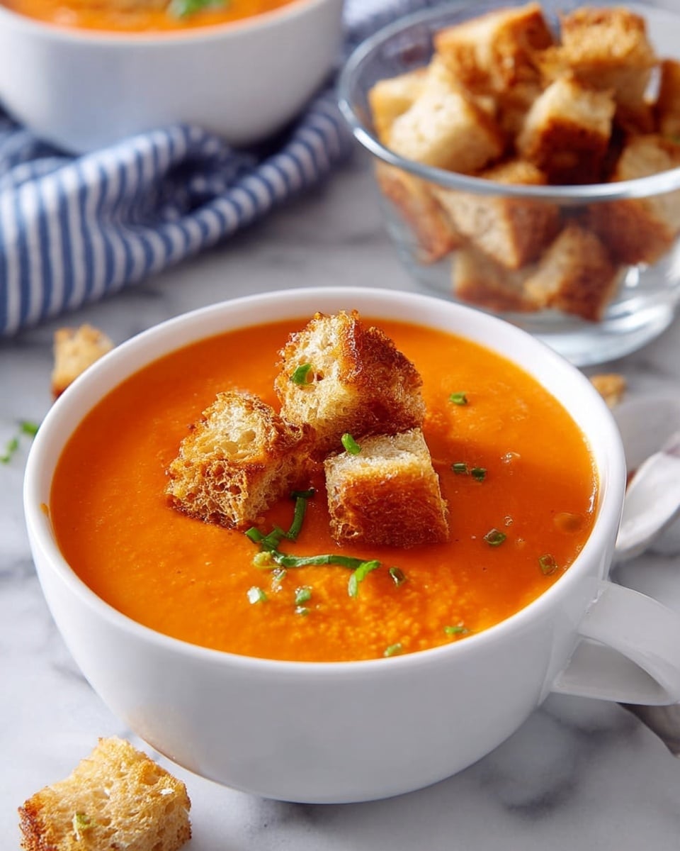A white cup filled with smooth, bright orange soup with a glossy texture is topped with a small pile of golden-brown toasted bread cubes that look crunchy. There are small green chopped herbs sprinkled on top and a little on the surface of the soup. In the back, there is a clear bowl also filled with toasted bread cubes, and a blurred blue and white striped cloth can be seen. The whole scene is set on a white marbled surface with a few bread cubes scattered around. Photo taken with an iphone --ar 4:5 --v 7