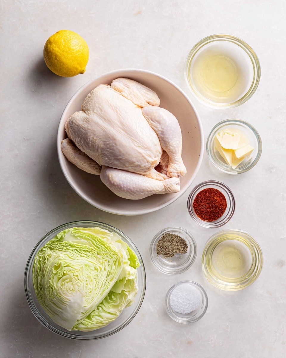 A raw whole chicken with pale skin lies in a white bowl at the center of the image. Surrounding it are small clear glass bowls containing light yellow butter, red spice powder, light greenish oil, black pepper, and white salt. To the bottom left, there is a round clear bowl with slices of green cabbage showing leafy texture. A halved lemon with a bright yellow color is placed near the top left corner. All items are set on a white marbled surface with soft lighting. Photo taken with an iphone --ar 4:5 --v 7