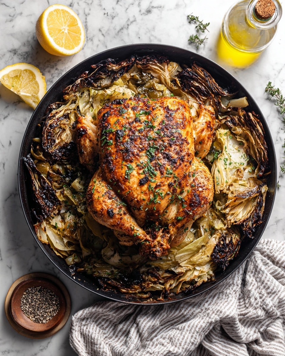 A whole roasted chicken with a dark golden brown crispy skin sits in the center of a black pan, surrounded by charred and wilted layers of cabbage that have a mix of deep browned and light golden colors. The chicken is sprinkled with small green herb bits and has a slightly shiny, roasted texture. The pan rests on a white marbled surface with a sliced lemon half nearby and a small bottle of golden olive oil to the side. A small round dish with coarse black and white pepper sits next to a light gray striped cloth underneath the pan. Photo taken with an iphone --ar 4:5 --v 7