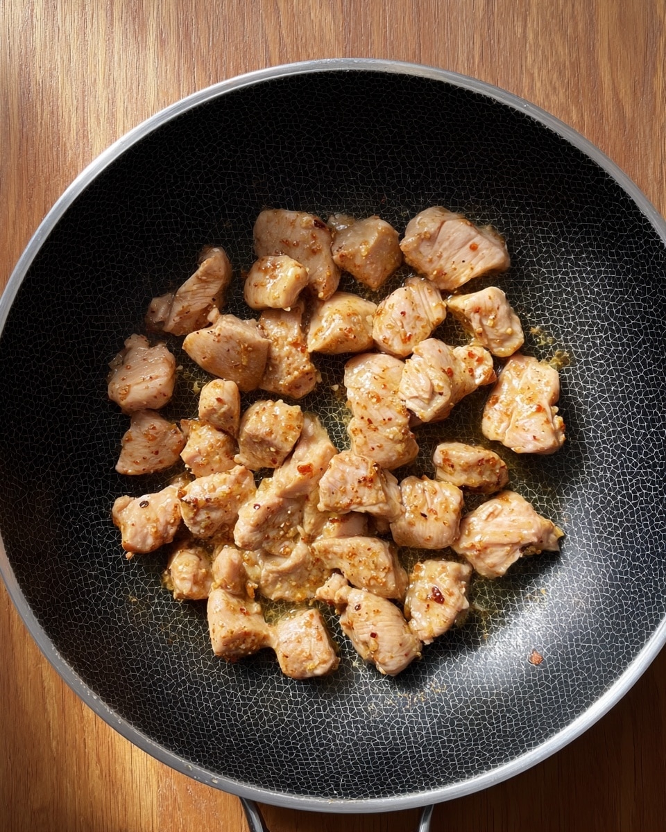 Inside a black frying pan with a honeycomb pattern on its surface, there are many small pieces of light brown cooked chicken spread evenly. The chicken pieces look soft and slightly shiny with cooking oil around them. The pan edges are silver, and the pan sits on a wooden surface with natural light illuminating the scene. The chicken pieces are clustered mostly in the middle, and the texture shows cooked tender meat with some spices on top. photo taken with an iphone --ar 4:5 --v 7
