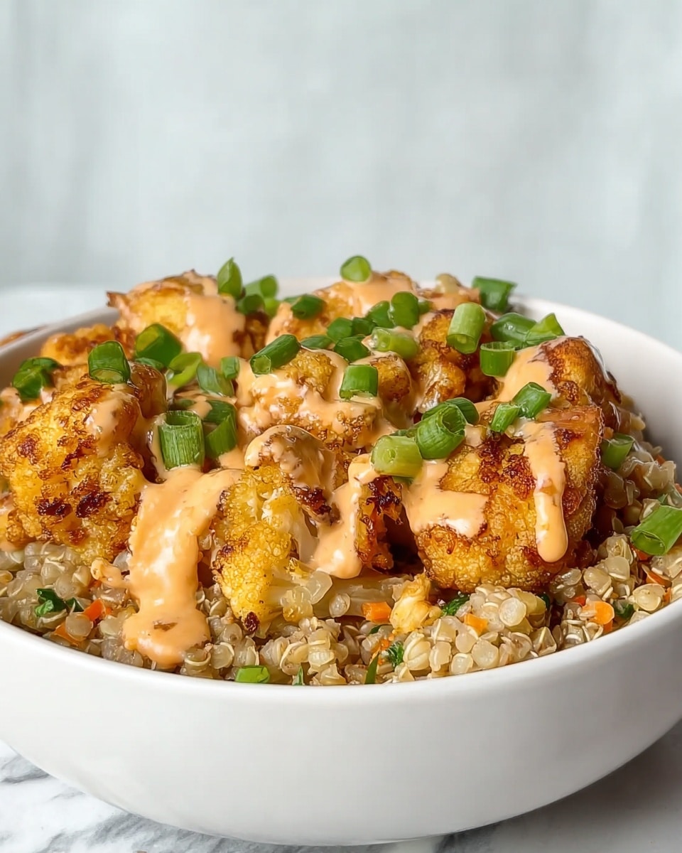 This image shows a white bowl filled with cooked grains as the bottom layer, which look soft and textured with small pieces of orange and green mixed in. On top of the grains, there are large pieces of golden-brown fried cauliflower placed evenly across the bowl. The cauliflower is covered with a creamy light orange sauce drizzled generously, and sprinkled with small fresh green onion slices that add a pop of bright color. The bowl sits on a white marbled surface with a blurred light background, creating a clean, simple look. photo taken with an iphone --ar 4:5 --v 7