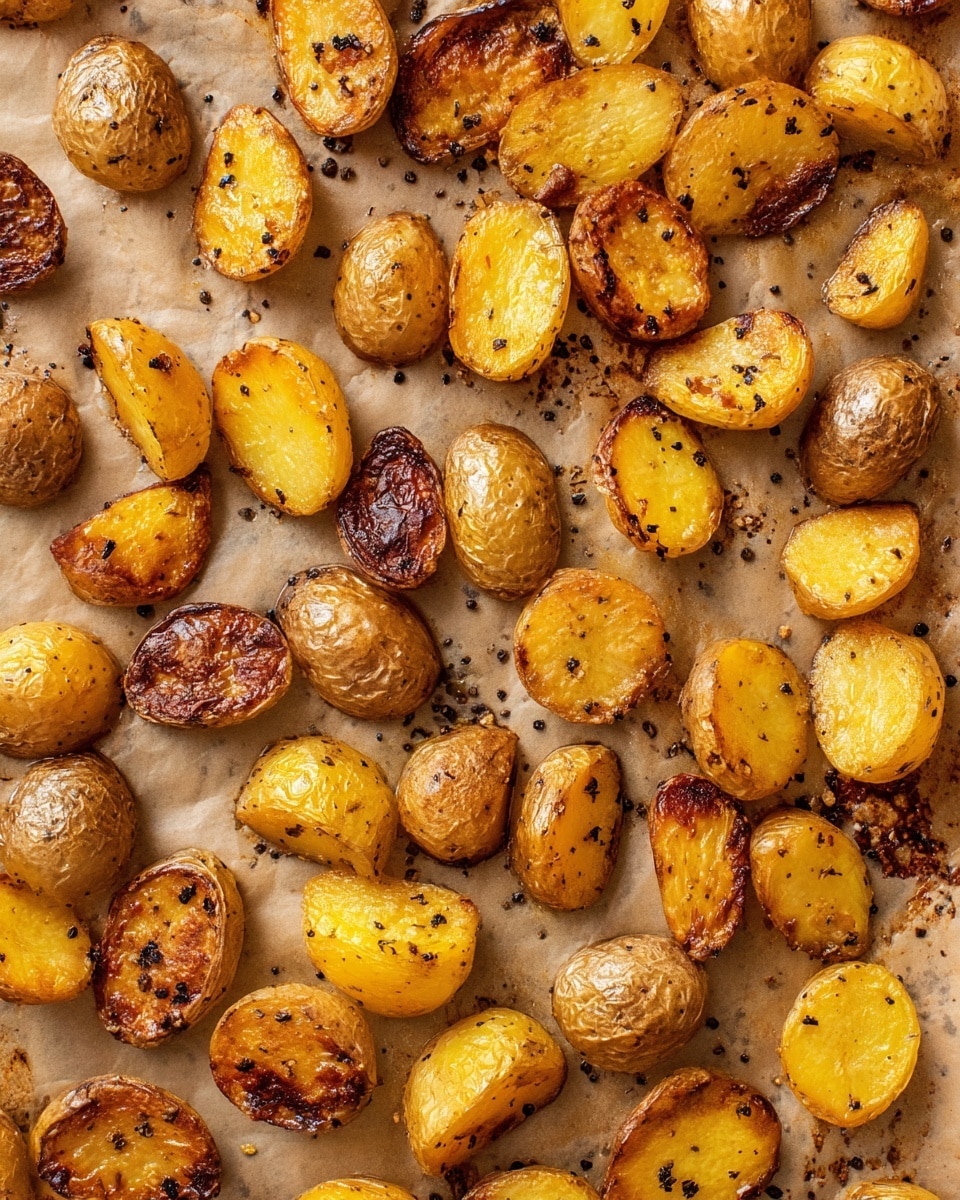 The image shows a single layer of small roasted potato pieces spread out evenly on a piece of light brown baking paper. The potatoes are cut into halves or quarters, with a mix of golden yellow and deep brown colors, showing a crispy texture with some charred spots. The surface of the potatoes is uneven and slightly wrinkled, highlighting their roasted nature. Black pepper specks are scattered all over the potatoes, adding visual contrast. The background is a white marbled texture. photo taken with an iphone --ar 4:5 --v 7