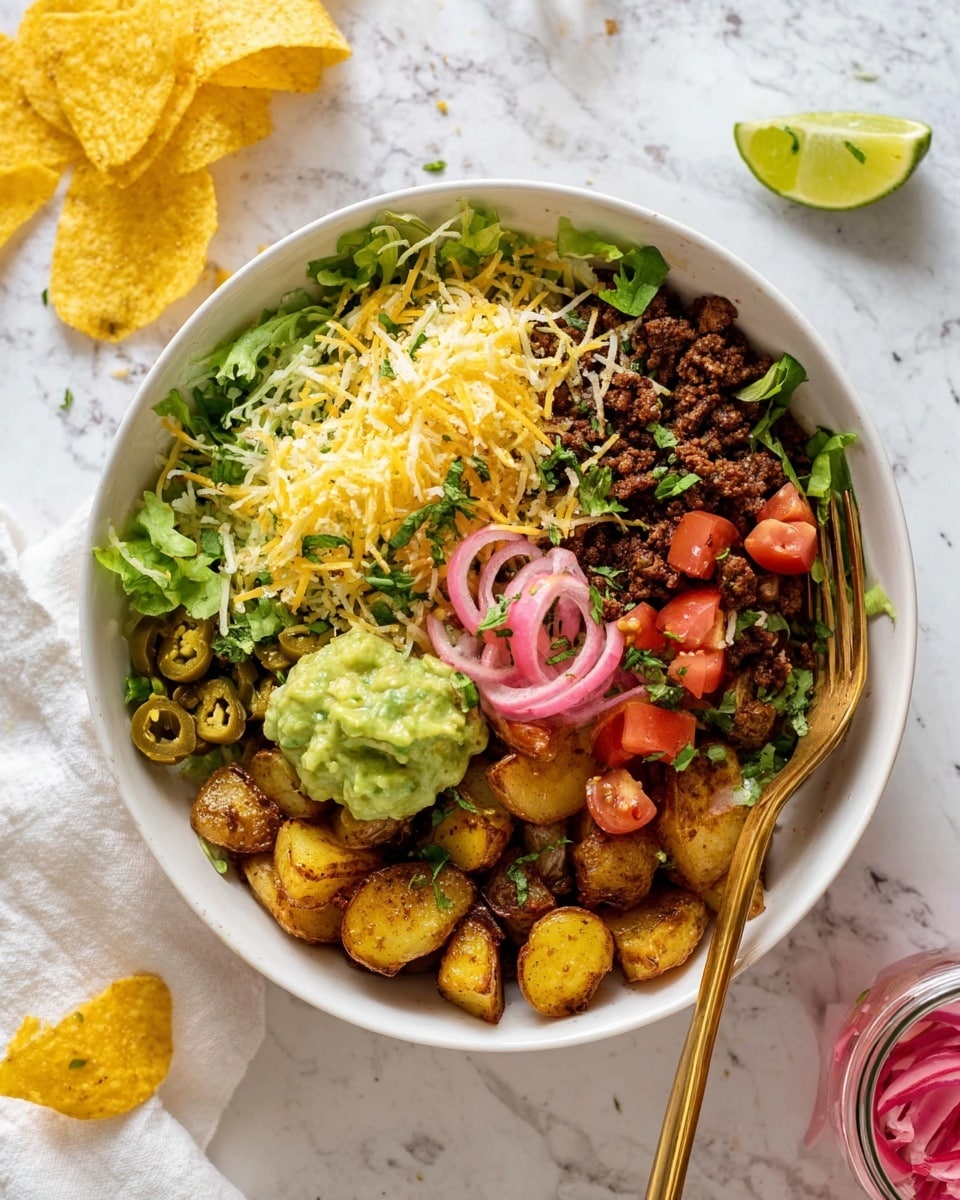 A white bowl filled with a layered dish starting with golden brown roasted potato pieces at the bottom. On top, there is a dark brown ground meat layer scattered with white shredded cheese. To one side, there is a scoop of smooth green guacamole topped with thin slices of pink pickled onions. Next to that, bright red cherry tomato halves are arranged. Fresh green shredded lettuce and cilantro leaves sit near the top, along with a wedge of lime. Crushed yellow tortilla chips are sprinkled over the entire dish, including over sliced green jalapeños. A gold fork rests on the right side of the bowl. The bowl is placed on a white marbled surface with two yellow tortilla chips visible in the top right corner and a small glass jar of pink pickled onions on the bottom right. Photo taken with an iphone --ar 4:5 --v 7