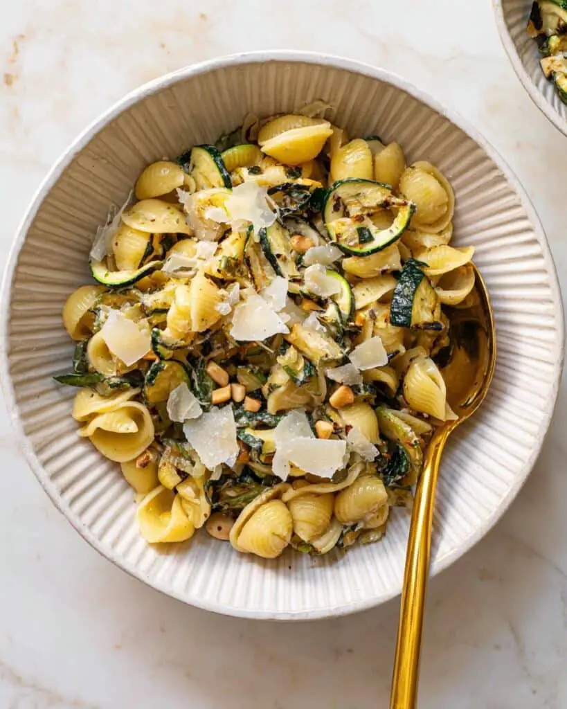 Caramelized Zucchini Pasta Salad with Lemon Vinaigrette, Pine Nuts, and Parmesan Recipe