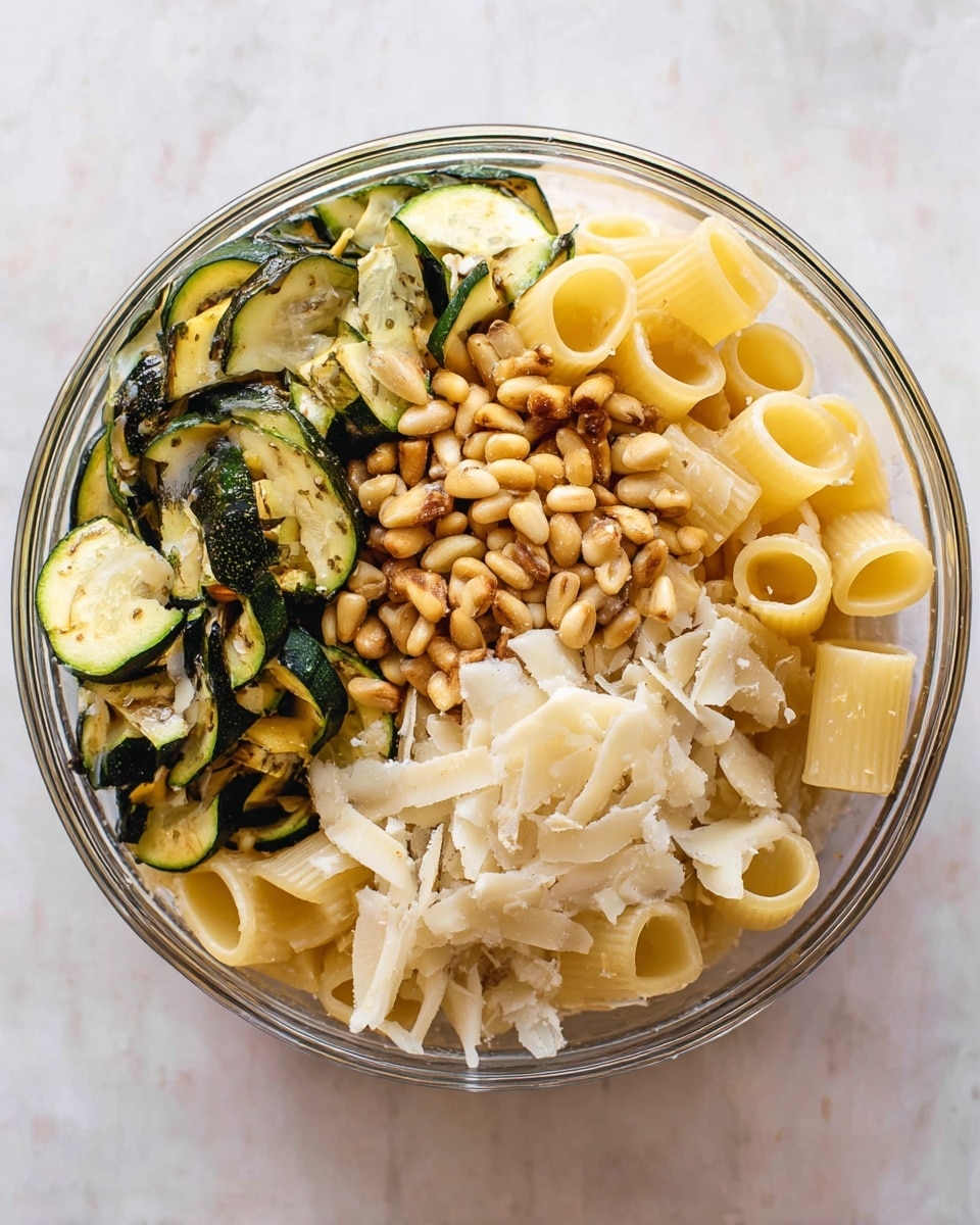 A clear glass bowl contains four visible layers. The bottom layer has large, light yellow cooked pasta tubes. Above this is a layer of thinly sliced cooked zucchini, dark green with a soft texture. Next to the zucchini is a pile of small, golden toasted pine nuts. Finally, on top, there are thin, uneven white cheese shavings scattered over the pine nuts and pasta. The bowl is placed on a white marbled surface photo taken with an iphone --ar 4:5 --v 7