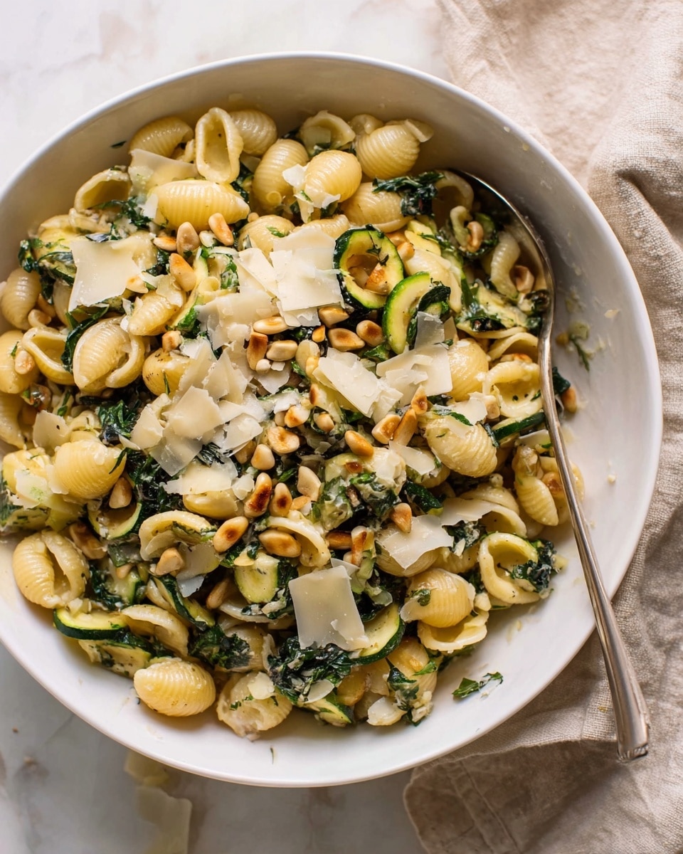 A close-up view of a white bowl filled with shell pasta mixed with green zucchini slices and dark green leafy herbs. Scattered on top are thin, pale yellow cheese shavings and small toasted pine nuts, adding texture and color contrast. The pasta looks coated lightly with oil or sauce, giving a slight shine. A silver spoon rests inside the bowl. The bowl is placed on a white marbled surface with a soft beige cloth nearby. Photo taken with an iphone --ar 4:5 --v 7
