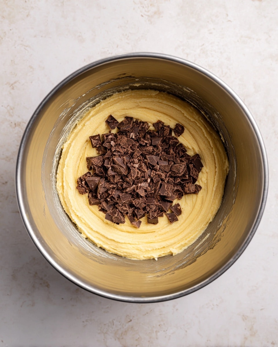 A shiny metal bowl sits on a white marbled surface, filled with a single layer of smooth, creamy yellow dough spread around the bottom. On top of this dough, there is a pile of small, dark brown chopped chocolate pieces clustered in the center, showing different shapes and rough textures. The bowl's inner surface is visible around the edges, reflecting light softly. photo taken with an iphone --ar 4:5 --v 7