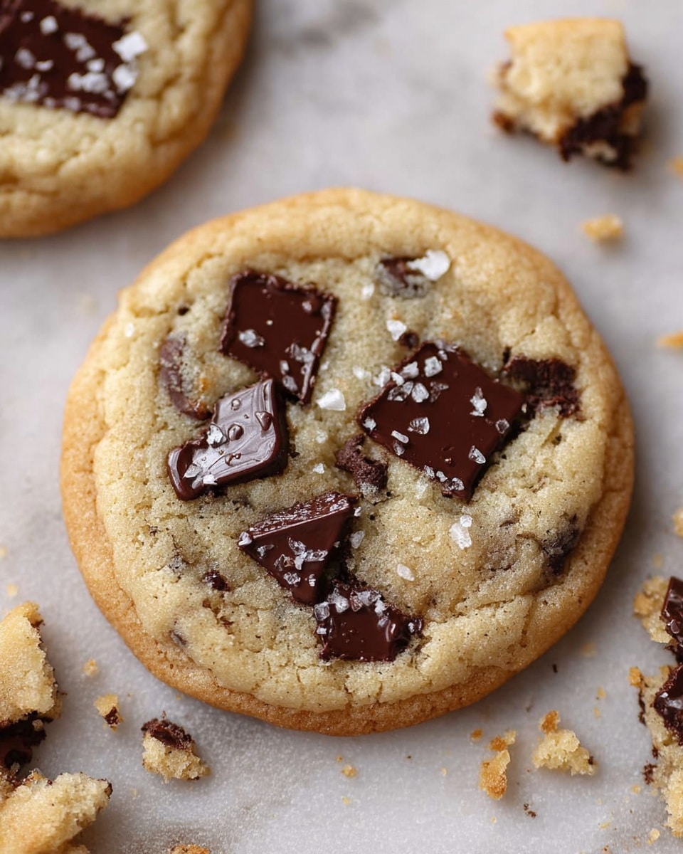 The image shows a close-up of a soft, round cookie with a light golden brown color and slightly darker edges. The cookie has uneven chunks of melted dark brown chocolate scattered mostly on the top surface, with some small areas where the chocolate appears shiny and smooth. There are a few small white salt flakes sprinkled over the chocolate, adding texture and contrast. Crumbs and broken small pieces of cookie are placed around the main cookie on a white marbled texture. Another cookie is partially visible in the upper left corner. photo taken with an iphone --ar 4:5 --v 7