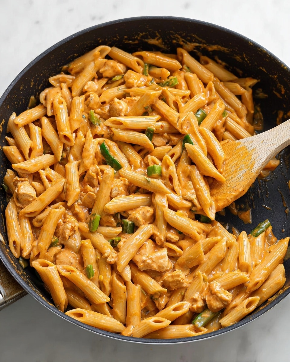 A close-up view of a black frying pan filled with creamy orange-colored penne pasta mixed with small pieces of chicken and green vegetable bits. The pasta is coated evenly with a smooth sauce, giving it a shiny texture, and a wooden spatula rests inside the pan on the right side, slightly lifting some pasta. The background is a white marbled surface. photo taken with an iphone --ar 4:5 --v 7